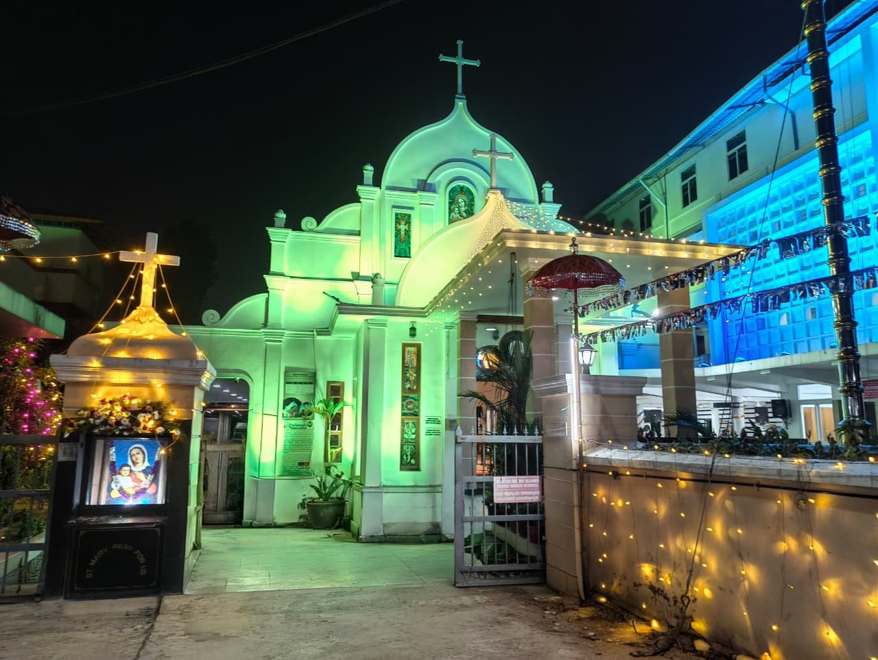 St. Mary's Orthodox Cathedral illuminated at night